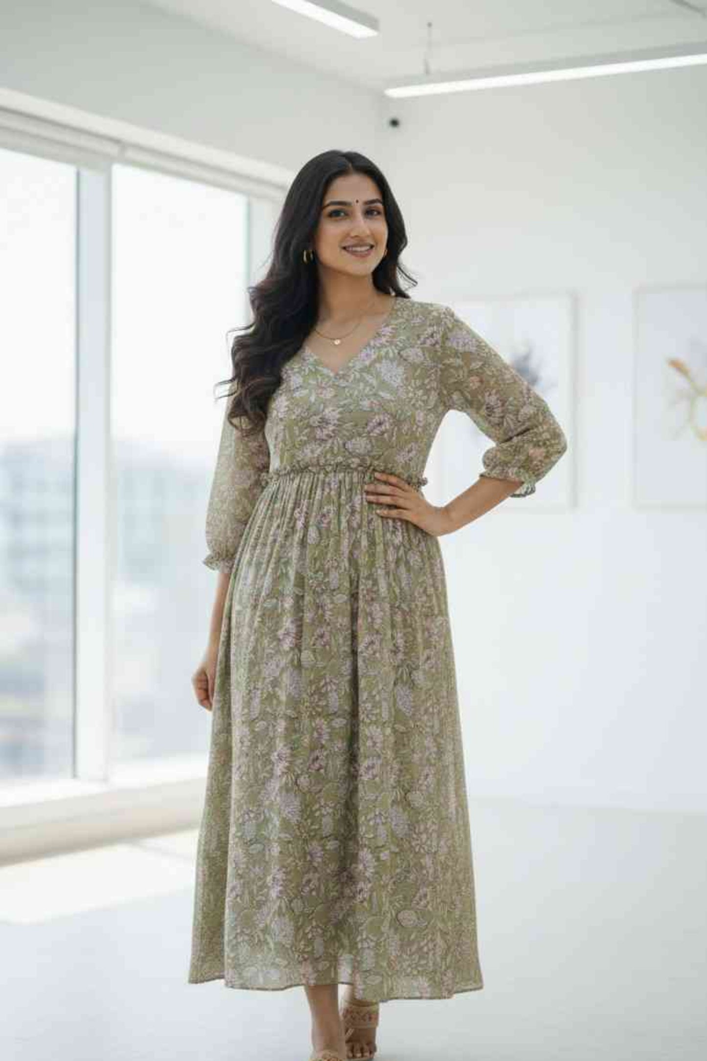 Green And Pink Floral Chanderi Dress