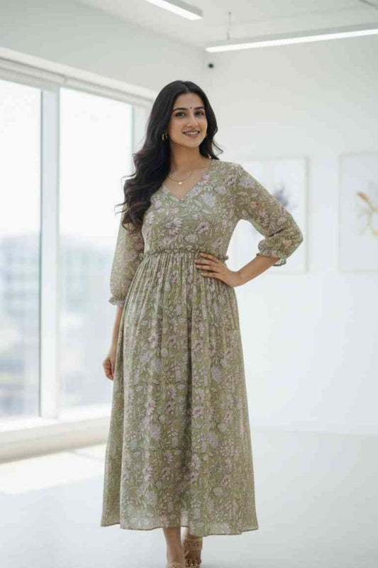 Green And Pink Floral Chanderi Dress