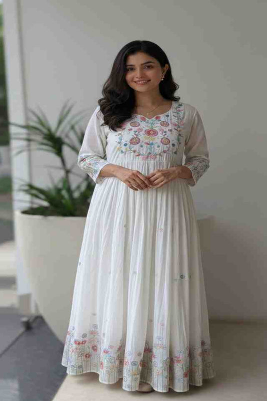 Mul Cotton White Multi Embroidery Dress