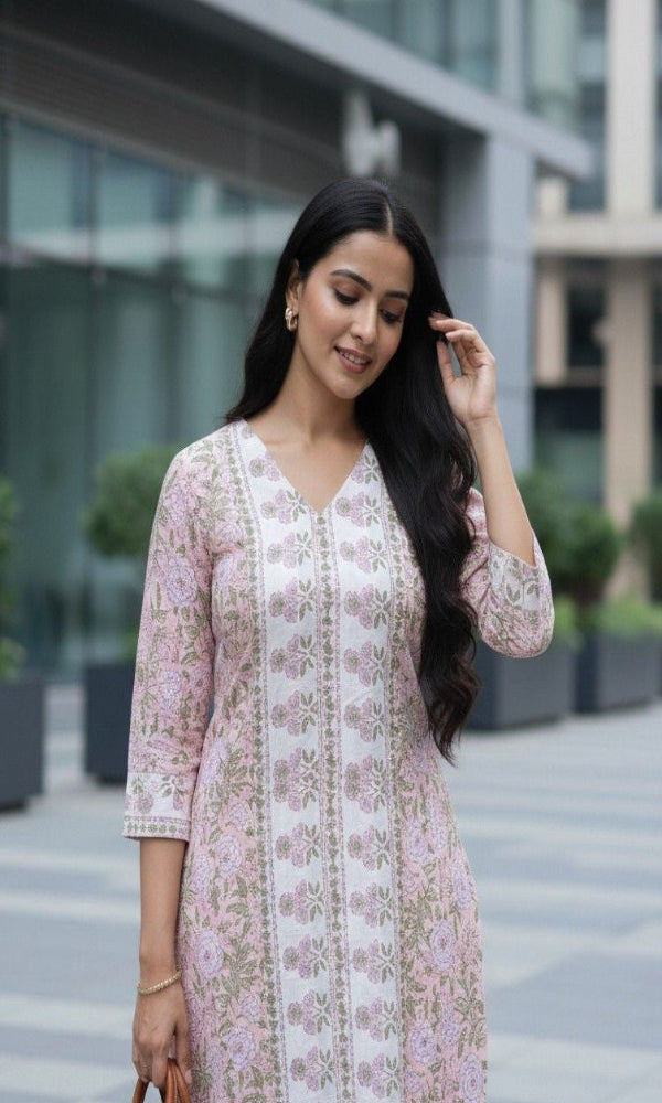 Pink And White Floral Cotton Kurti