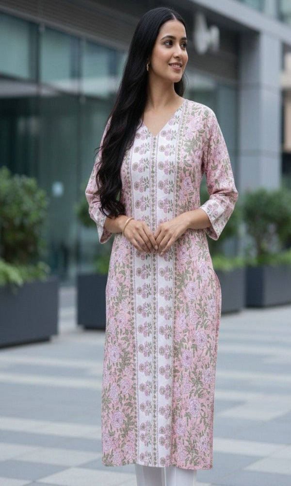 Pink And White Floral Cotton Kurti
