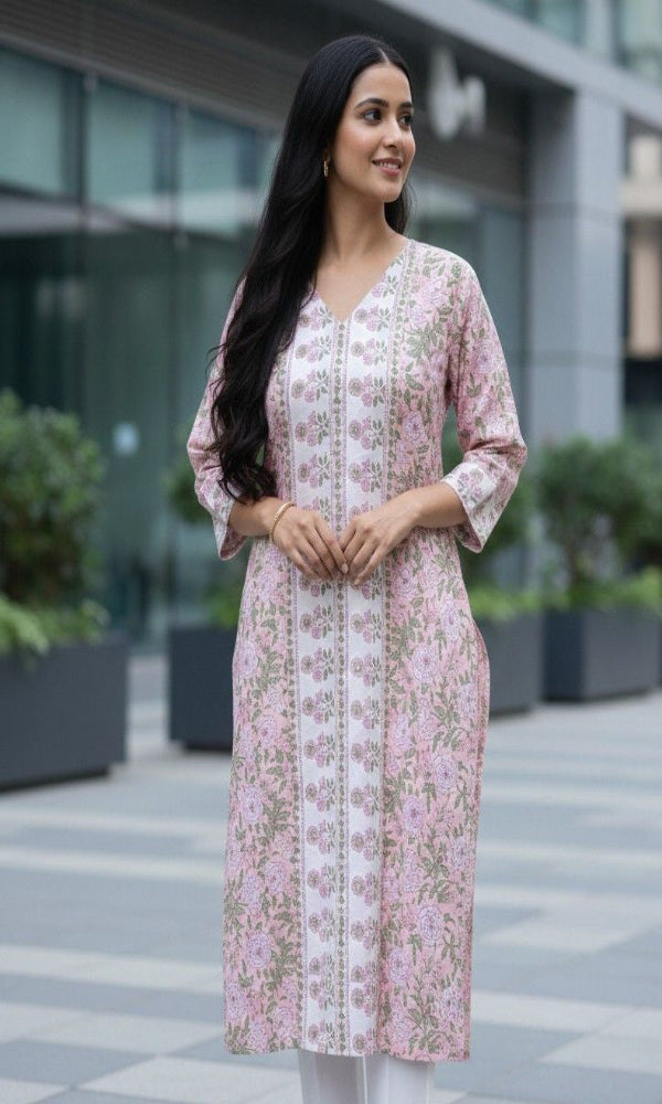 Pink And White Floral Cotton Kurti