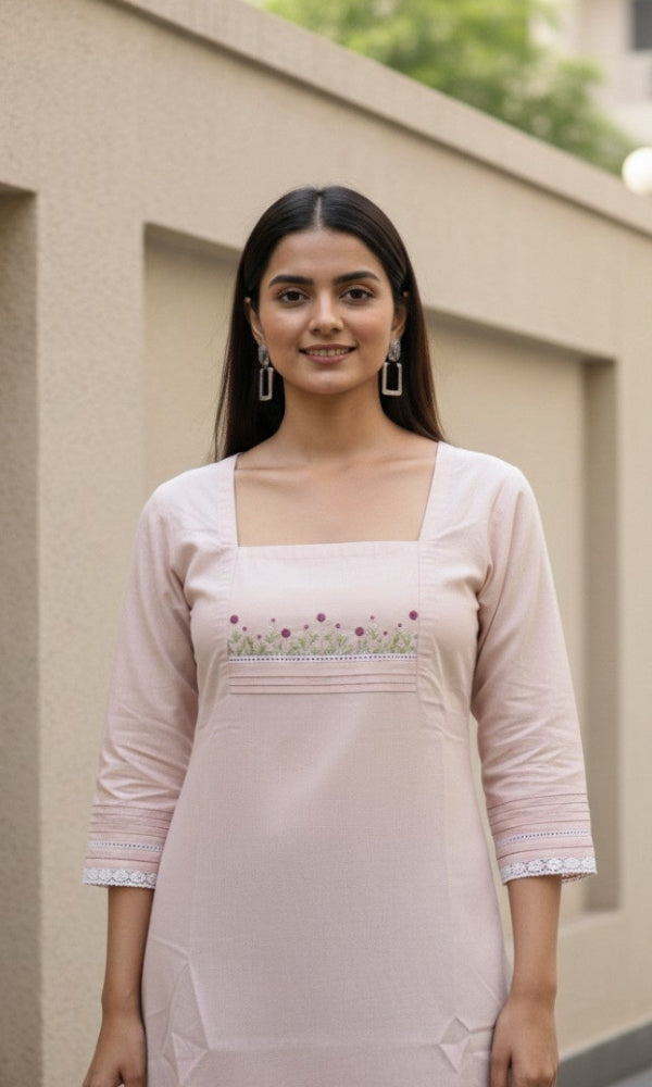 Pink Cotton Embr +Running Kurti
