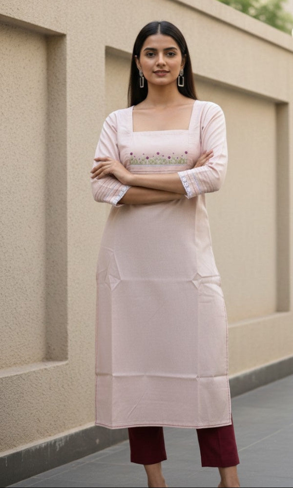 Pink Cotton Embr +Running Kurti