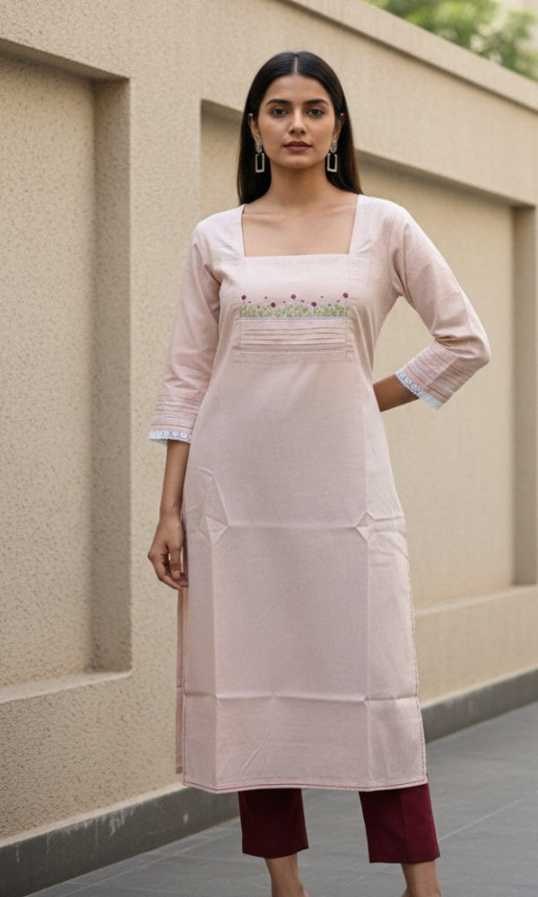 Pink Cotton Embr +Running Kurti