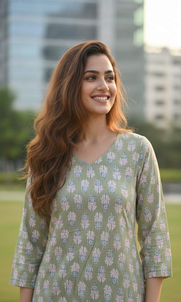 Pista Green Cotton Kurti
