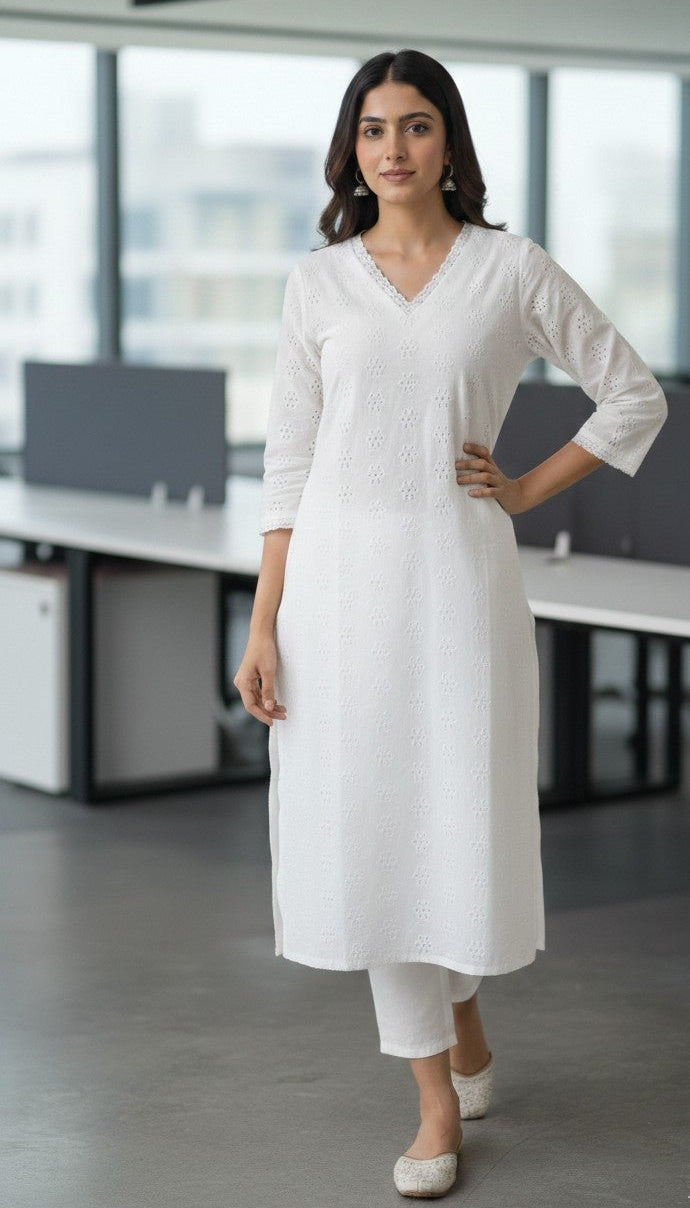 White Hakoba Straight Kurti